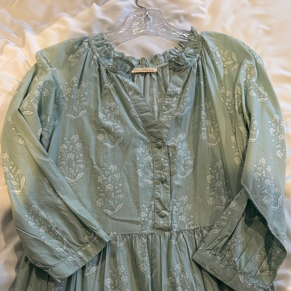 Light Sage Green Peasant Midi Dress with Floral Print